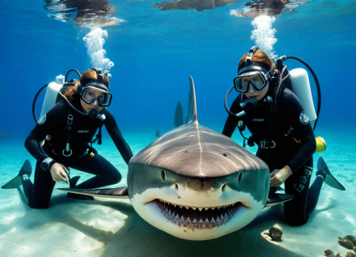 2025-02-02_20-29-17_1993 A large shark swimming alongside two women being rescued. The image captures a dramatic and heroic moment of the women’s rescue. Image credit: Animal Aid Hub