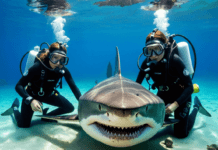 How the USCG Cutter Guardian Saved a Shark Family in a Deadly Storm—2025 A large shark swimming alongside two women being rescued. The image captures a dramatic and heroic moment of the women’s rescue. Image credit: Animal Aid Hub